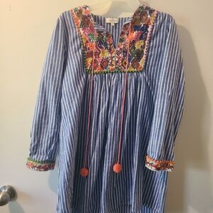 Velzera Blue Striped Blouse with Colorful Embroidery